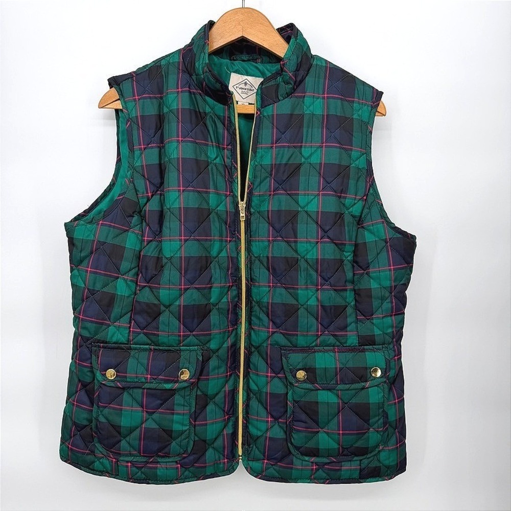 St Johns Bay Puffer Vest Classic Plaid Green Quilted Outdoor Preppy Outerwear XL